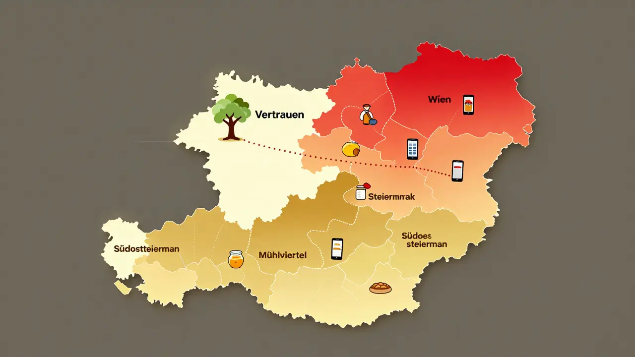 Karte Österreichs mit aktiven TikTok-Regionen und Symbolen für lokale Unternehmen wie Bäckereien und Honigbauern.