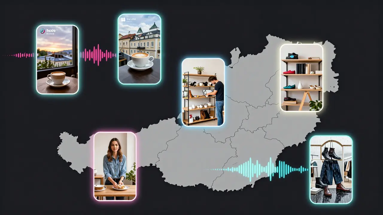 Karte Österreichs mit TikTok-Videos aus Salzburg, Graz und Linz, verbunden durch Trend-Soundwellen in einem digitalen Feed.