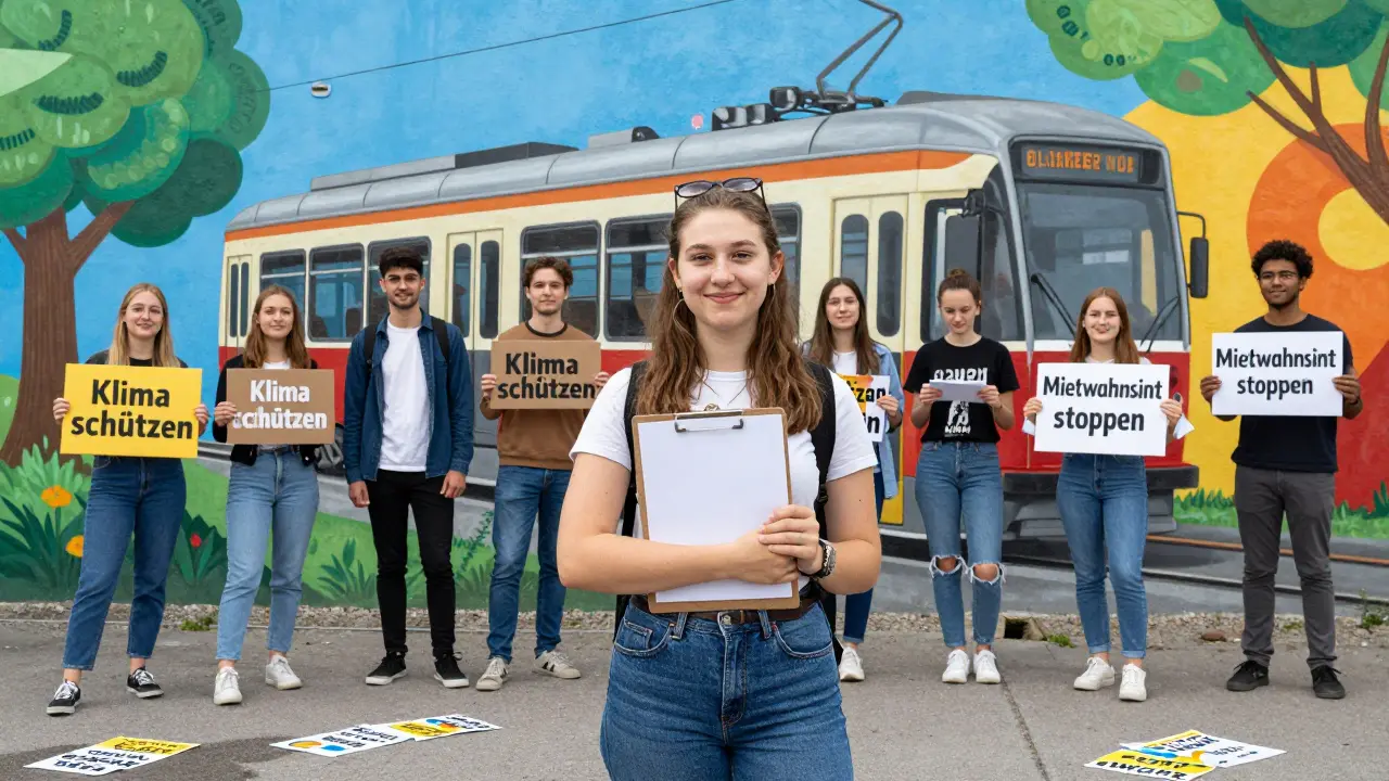 Lena M. steht neben einer Straßenbahn-Mural mit jungen Menschen, die für Klima und bezahlbares Wohnen demonstrieren.