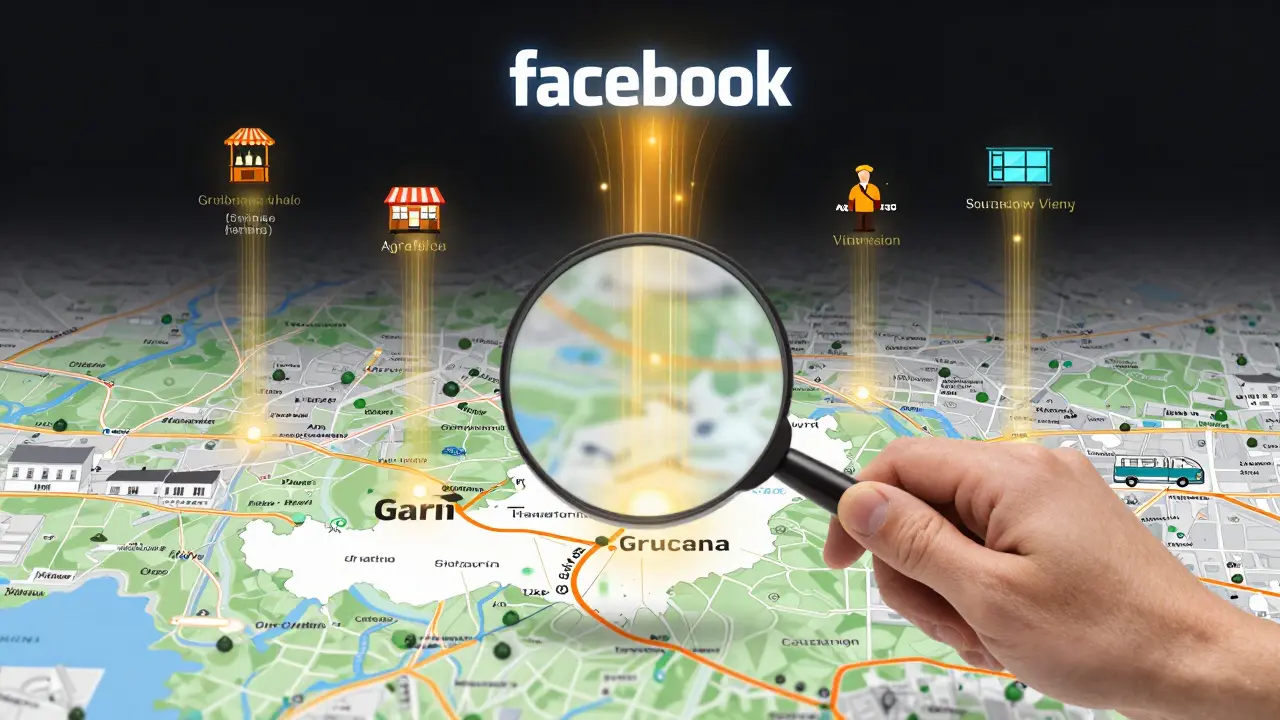 Magnifying glass über einer Karte von Österreich, die gezielte Facebook-Werbung für lokale Unternehmen visualisiert.