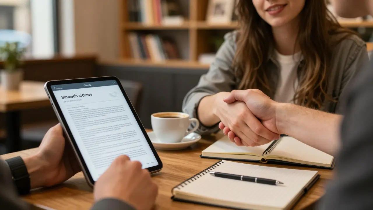 Manager schüttelt Hand mit Mikro-Influencer in einem Grazer Café während eines Vertragsgesprächs.
