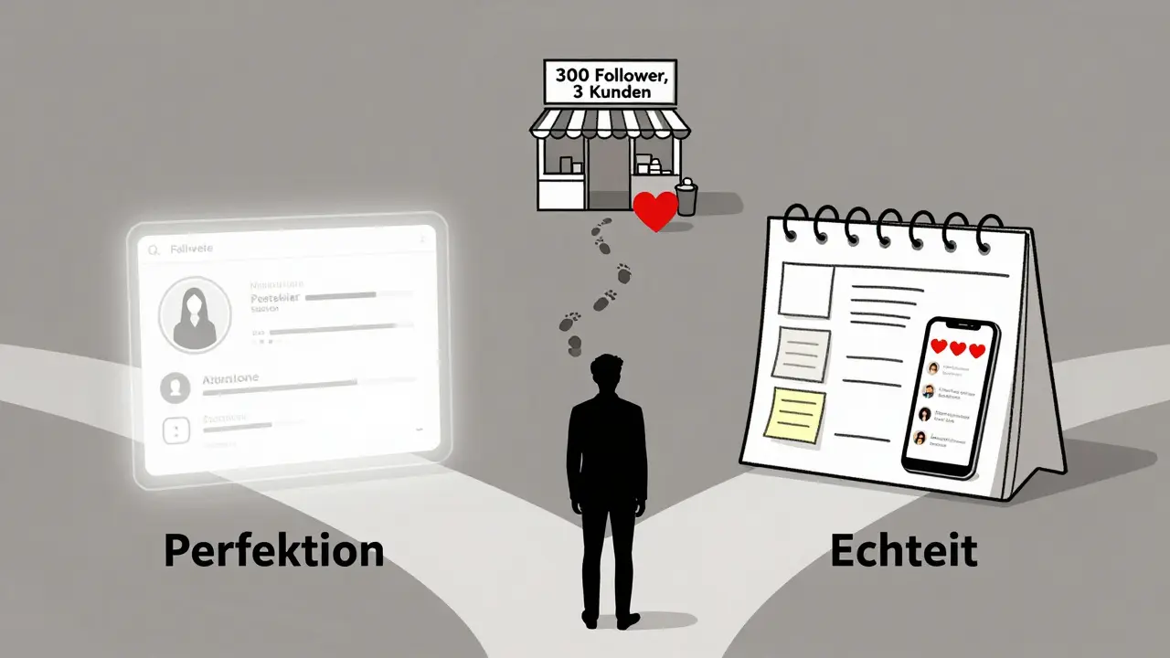 Mensch steht an der Kreuzung zwischen Perfektion und Echtheit — echte Interaktionen führen zu kleinen Erfolgen.