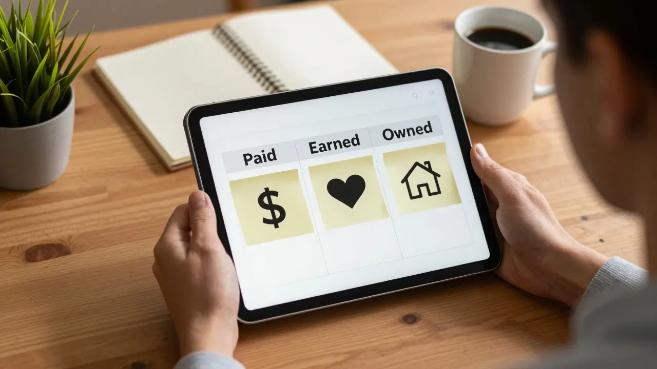 Menschliche Hand sortiert Marketing-Aktivitäten in eine Tabelle mit Sticky Notes auf einem Schreibtisch.