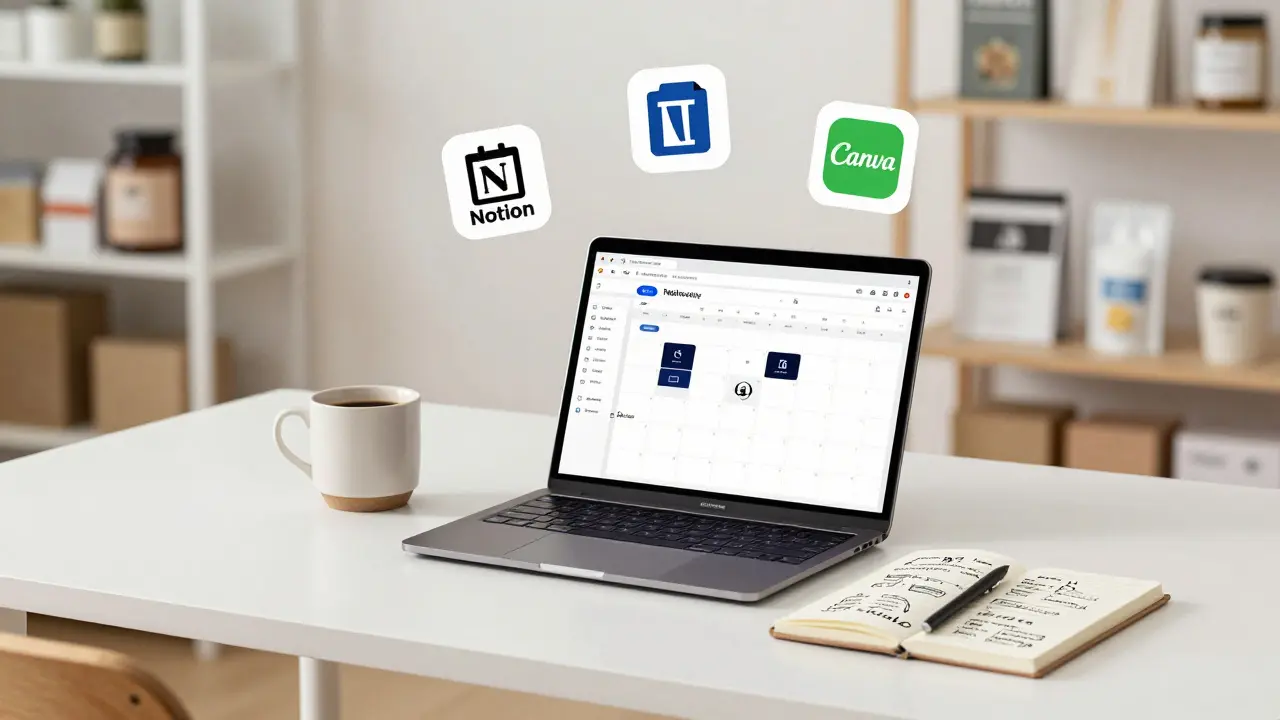 Schreibtisch mit Google-Tabelle, Canva und Kaffee für Social-Media-Planung.