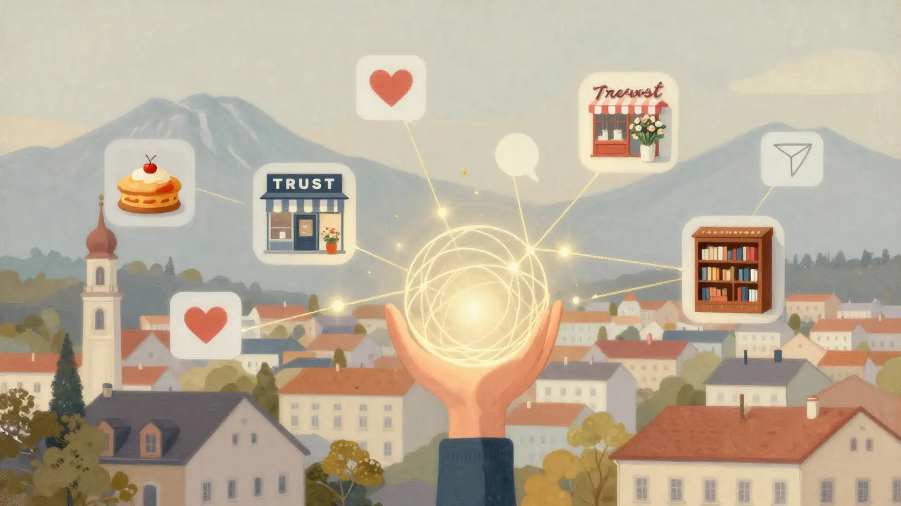 Stilisierte österreichische Stadt mit verbindenden Engagement-Icons, die lokale Geschäfte mit einem Influencer verknüpfen.