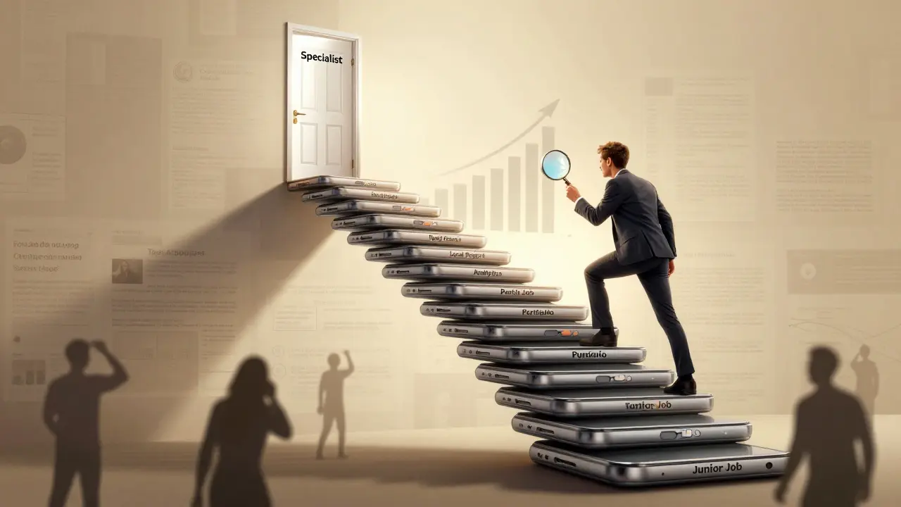 Stufen aus Smartphones führen zur Spezialisierung, während andere mit Likes kämpfen — symbolischer Aufstieg zum Profi.