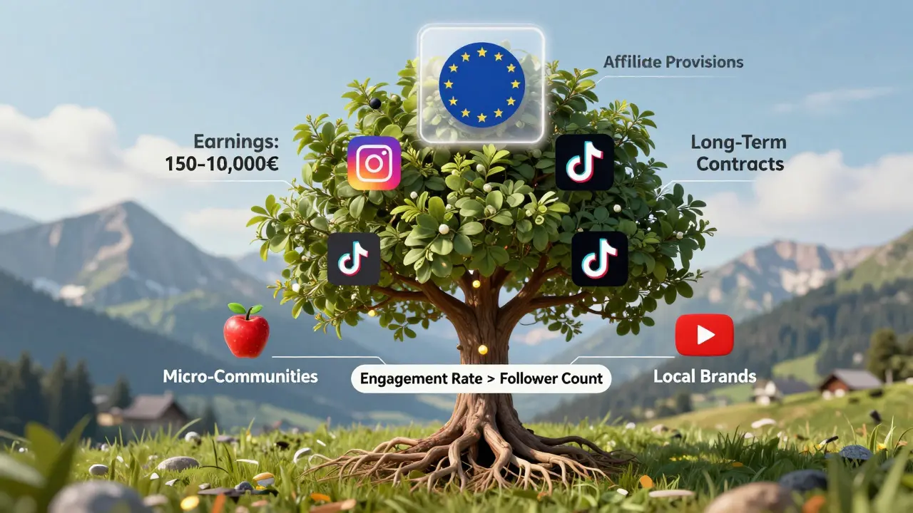 Symbolic tree representing Austrian influencer income, engagement, and regional values.