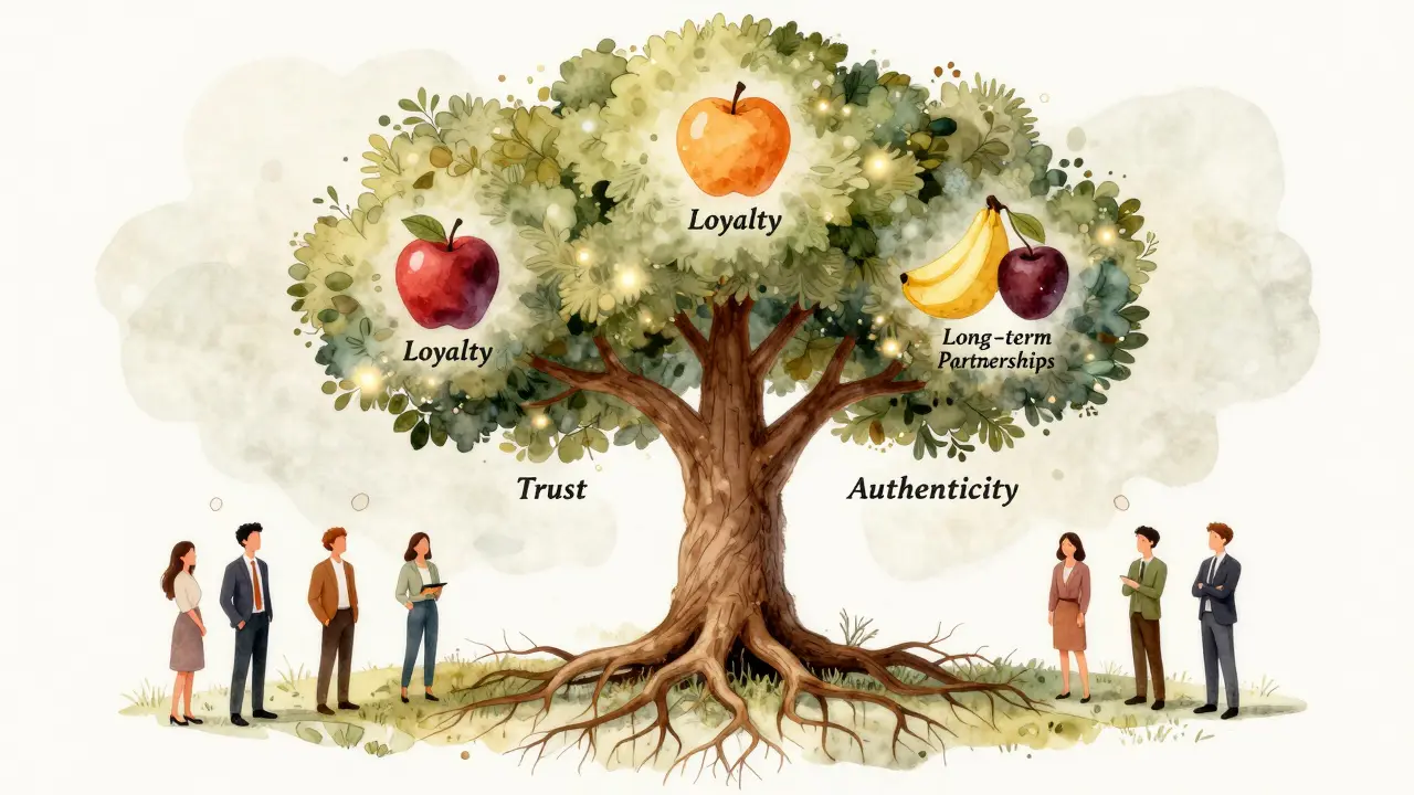 Symbolischer Baum mit Wurzeln aus Vertrauen und Zweigen aus Loyalität als Zukunft des Influencer-Marketings.