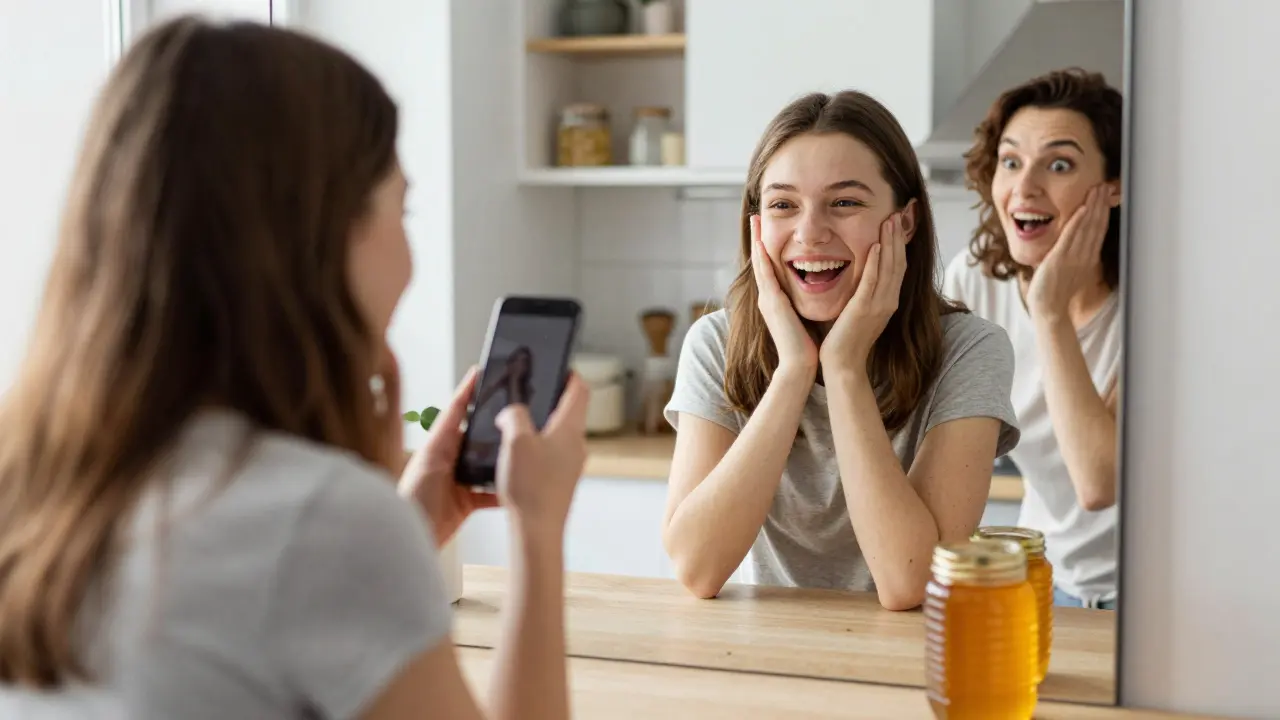 Teenager und Mutter lachen zusammen im Wohnzimmer, während sie einen TikTok-Filter nutzen, natürliches Morgenlicht.