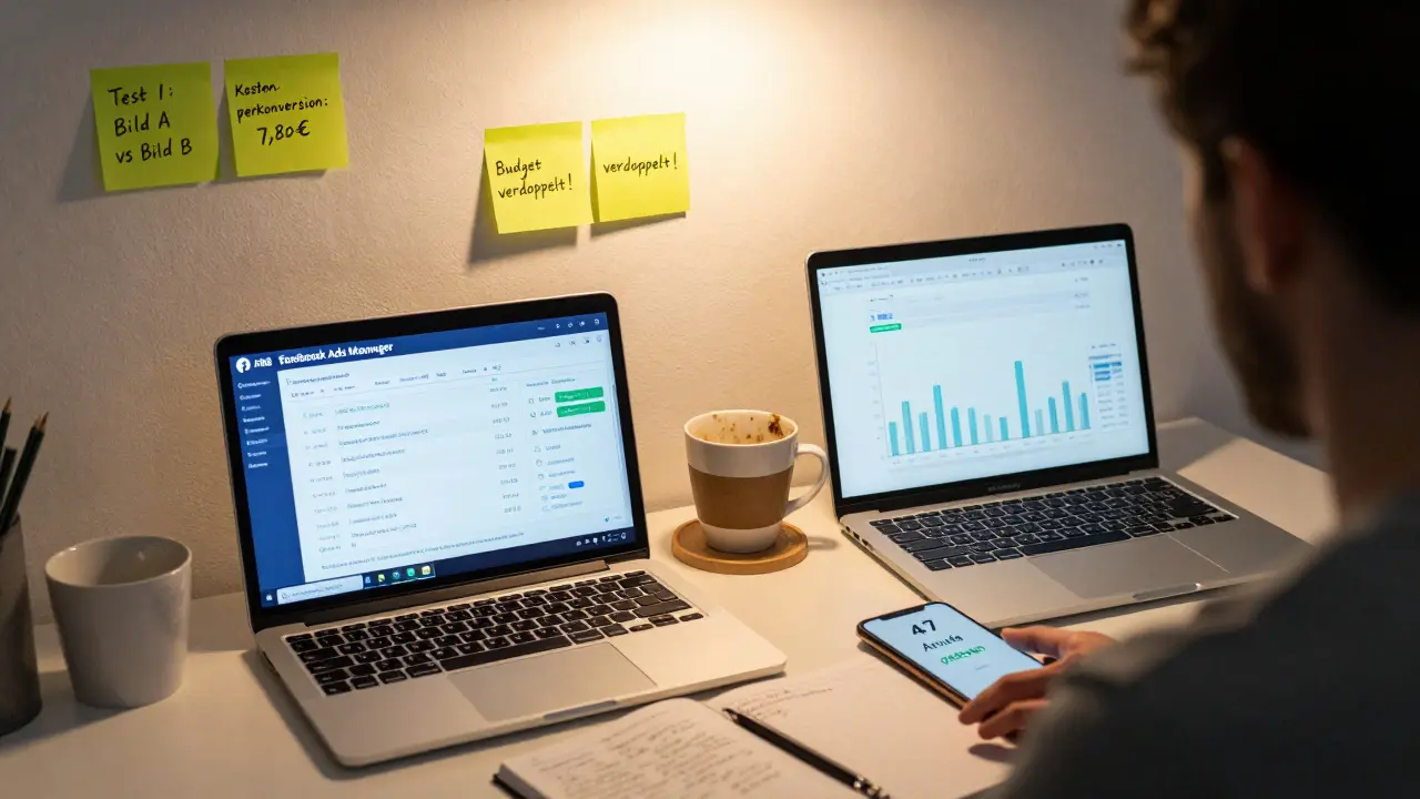 Unternehmer analysiert Facebook-Anzeigen-Tests auf zwei Bildschirmen mit klaren Erfolgsdaten auf einem Notizblock.