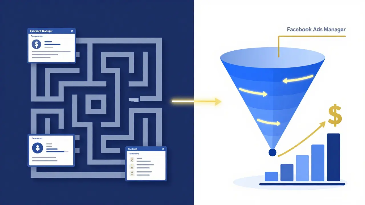 Vergleich von chaotischen und optimierten Facebook-Werbekampagnen als grafische Aufteilung.