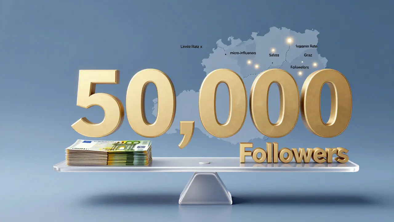 Waage mit Engagement-Preis vs. leere Follower-Zahl, Österreich-Karte mit leuchtenden Orten im Hintergrund.