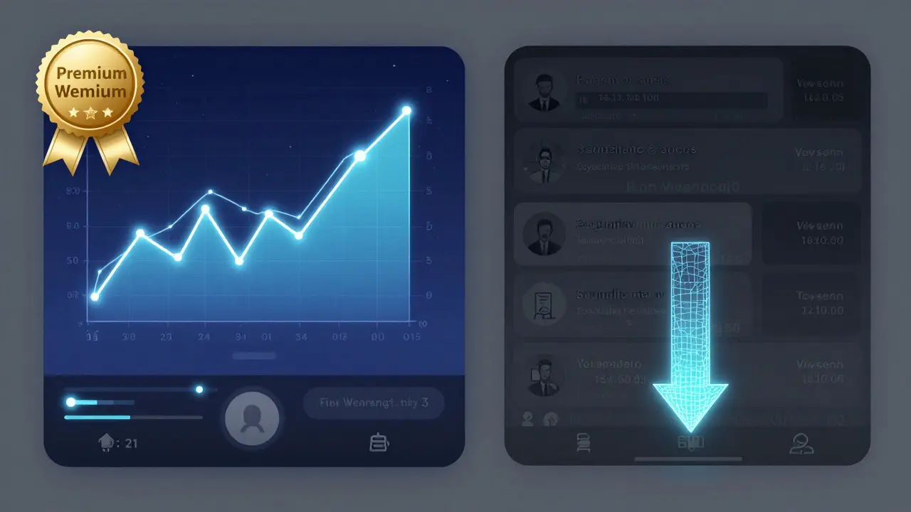 Zwei Seiten einer TikTok-Plattform: Premium-Inhalte mit hoher Reichweite vs. kostenlose Inhalte mit Werbung und geringer Sichtbarkeit.