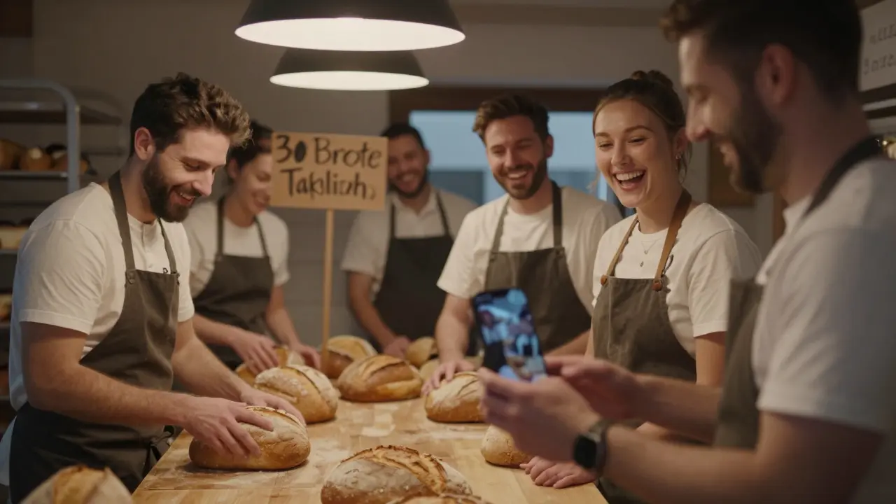 Bäckerteam in einer österreichischen Bäckerei lacht zusammen, während sie Brote verpacken, warme Abendbeleuchtung.