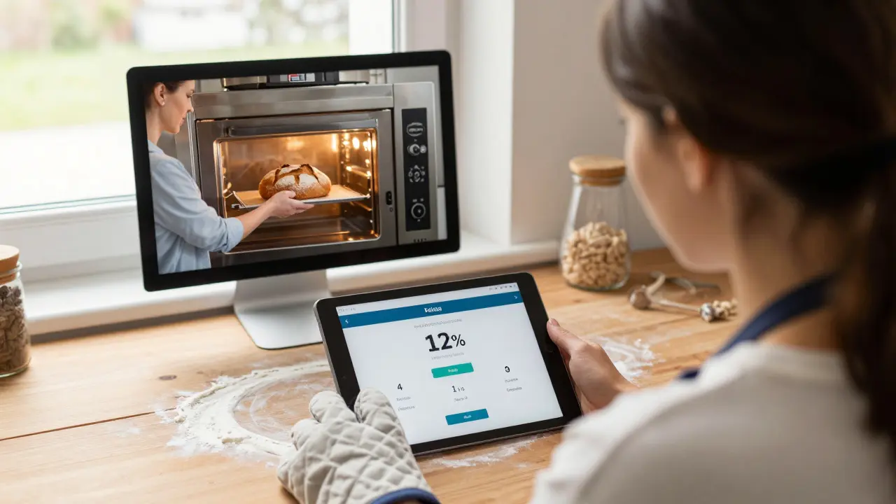 Bakery owner smiles at tablet displaying improved conversion rate while customer video plays in background.