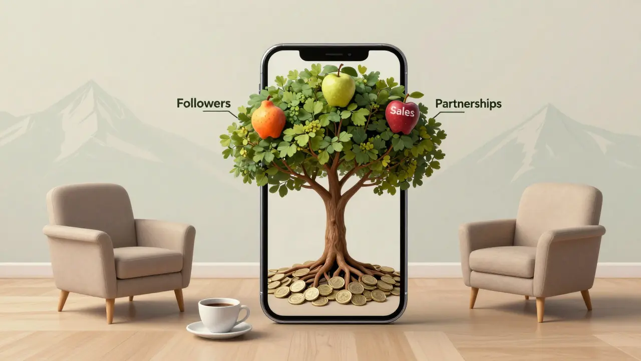 Baum wächst aus Smartphone-Bildschirm mit Geldwurzeln und Followern als Früchten.