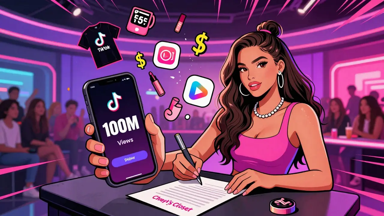 Charli D’Amelio unterschreibt einen Vertrag für ihre Kosmetiklinie, während TikTok-Views und Merch über ihr schweben.