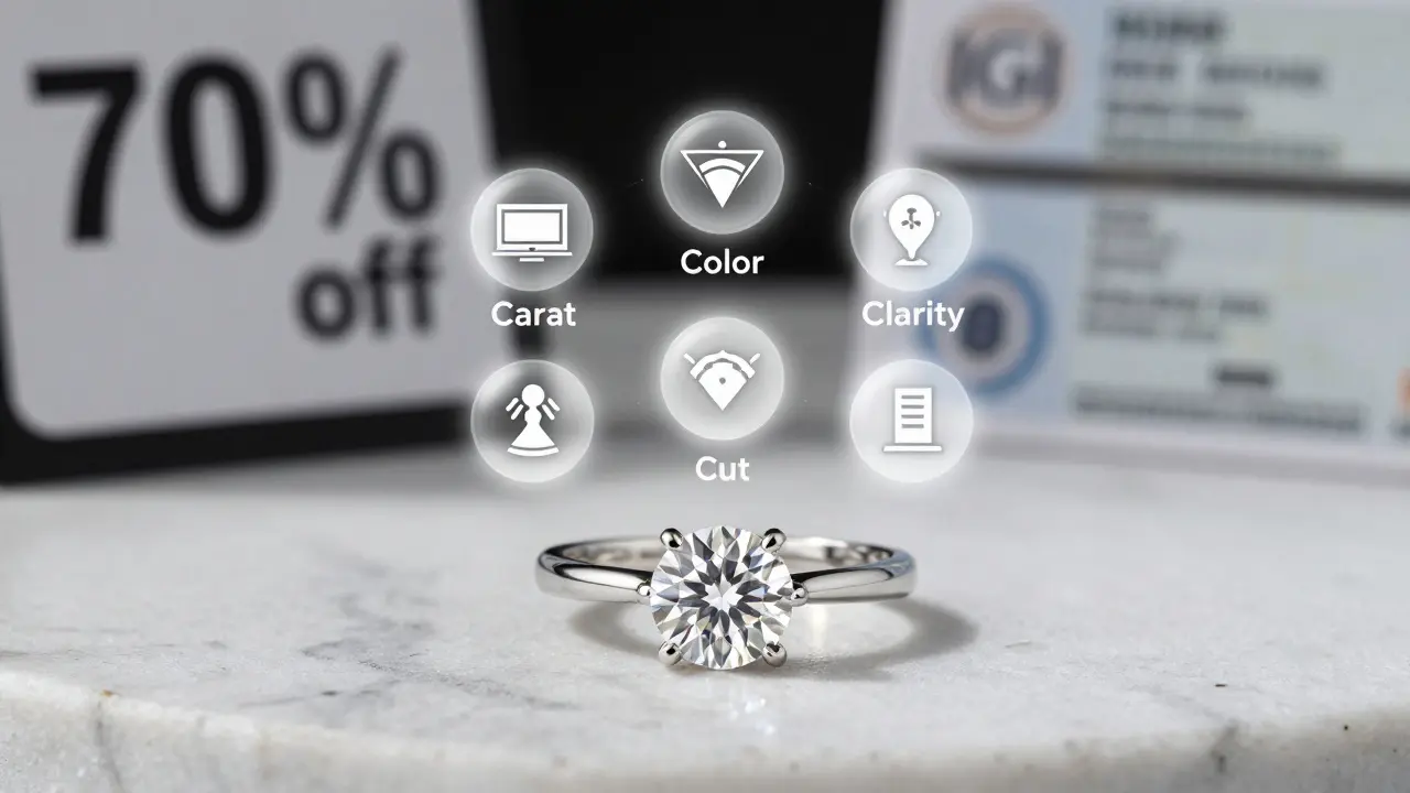 Diamantring mit fünf Schlüsselkriterien als schwebende Symbole, Hintergrund mit unscharfen Warnhinweisen.