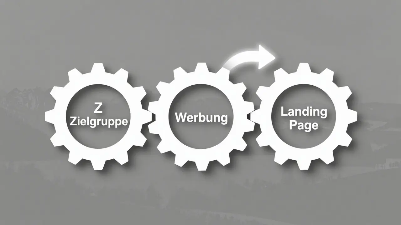 Drei ineinandergreifende Zahnräder mit den Beschriftungen Zielgruppe, Werbung und Landing Page.