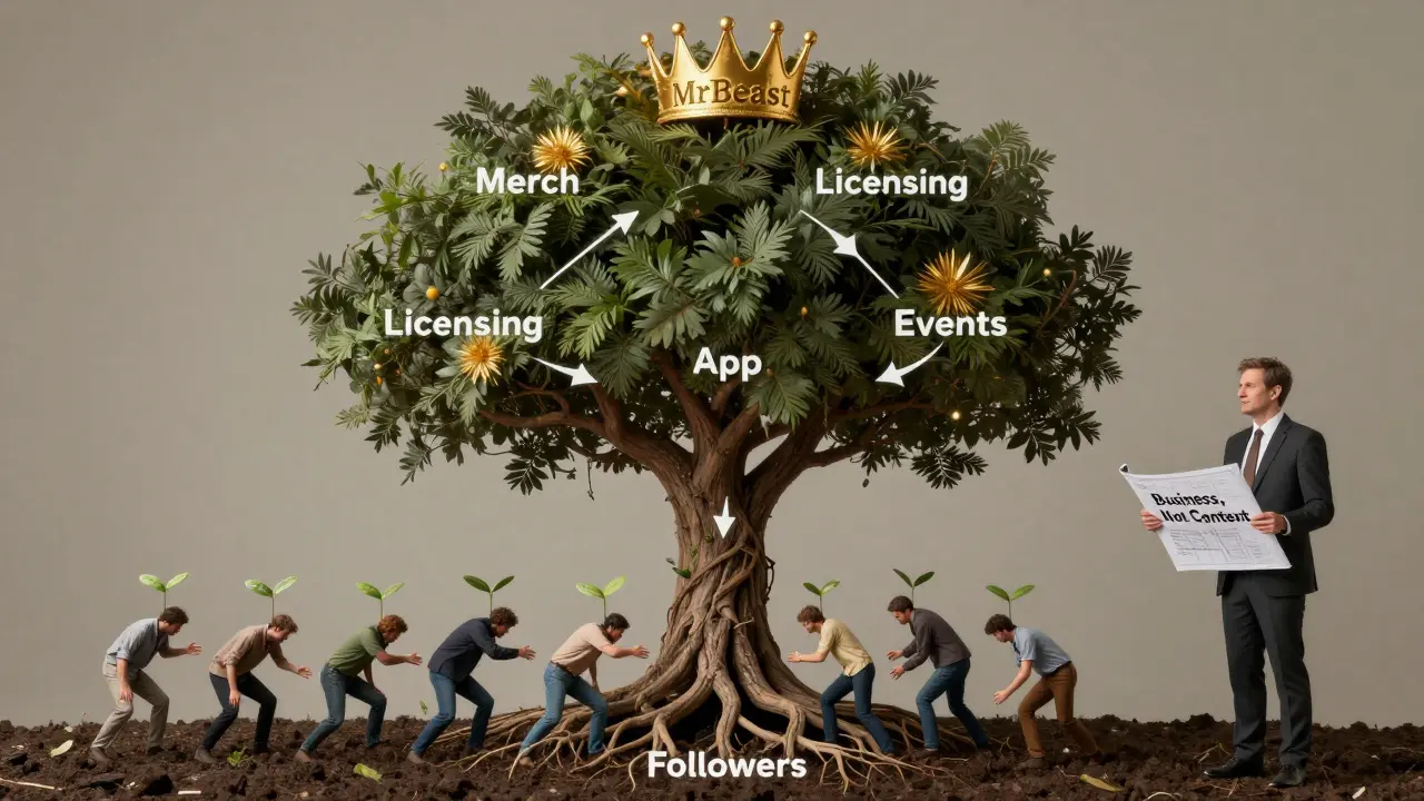 Ein Baum mit Geschäftsmodell-Ästen und einer Krone, die MrBeast symbolisiert, während kleinere Influencer darunter kämpfen.