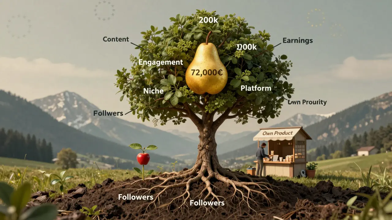 Ein Baum mit Wurzeln aus Followern und Früchten aus Einkommen, daneben ein kleiner Onlineshop.