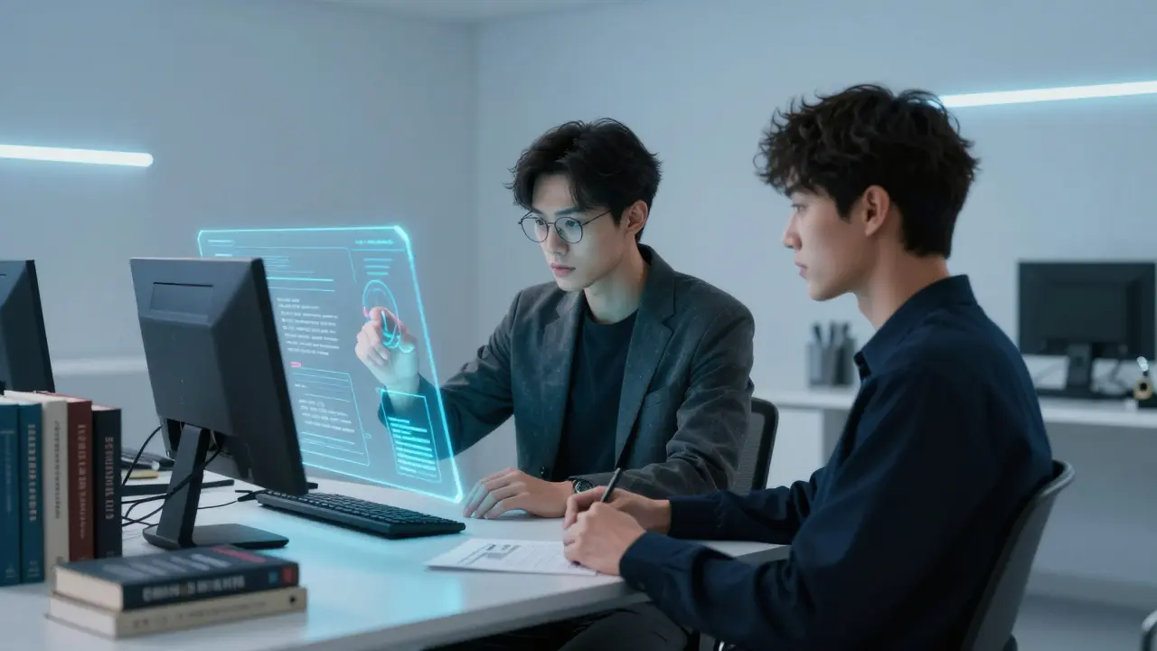 Ein Creator-Strategist arbeitet mit holografischer KI-Technologie in einem modernen Labor in Linz.