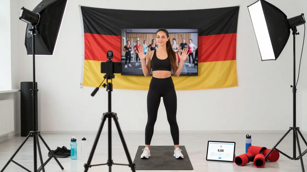 Ein Fitness-Influencer in Graz dreht ein TikTok-Video mit internationaler Zielgruppe, umgeben von Trainingsausrüstung.