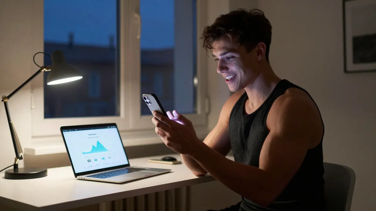 Ein Fitness-Trainer in Wien nimmt abends ein kurzes Workout-Video für TikTok auf, das von sanfter Beleuchtung umgeben ist.