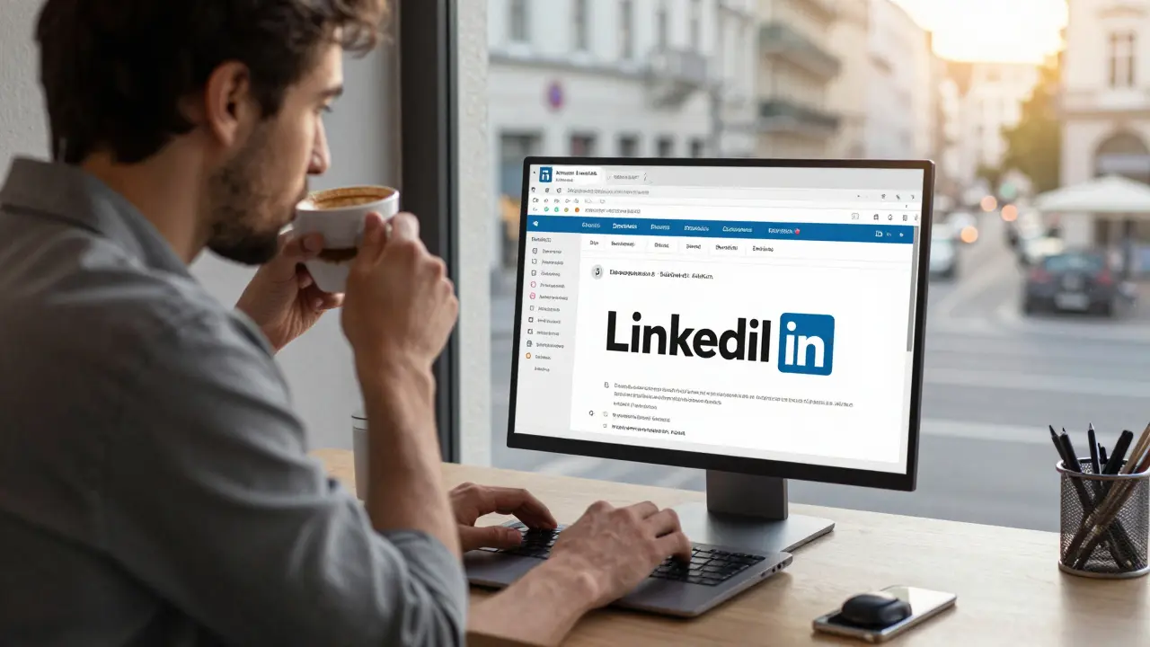 Ein Geschäftsinhaber postet morgens einen LinkedIn-Beitrag in einem Büro mit Blick auf die Stadt.