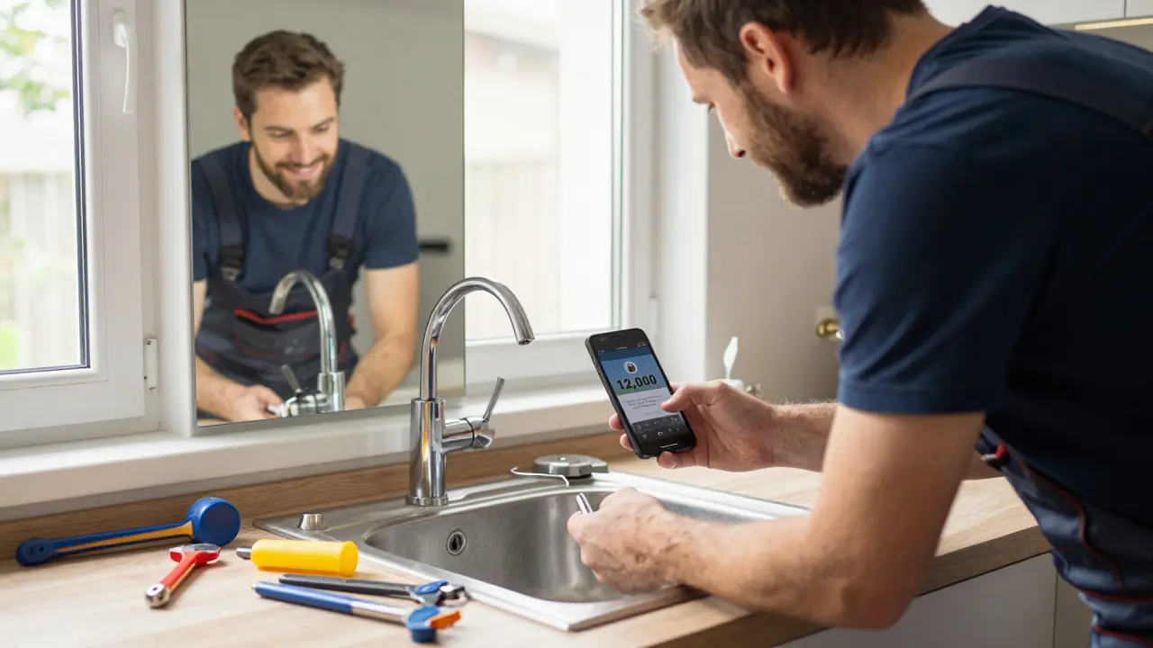 Ein Handwerker in Linz filmt mit seinem Handy eine Reparatur, ohne teure Ausrüstung.