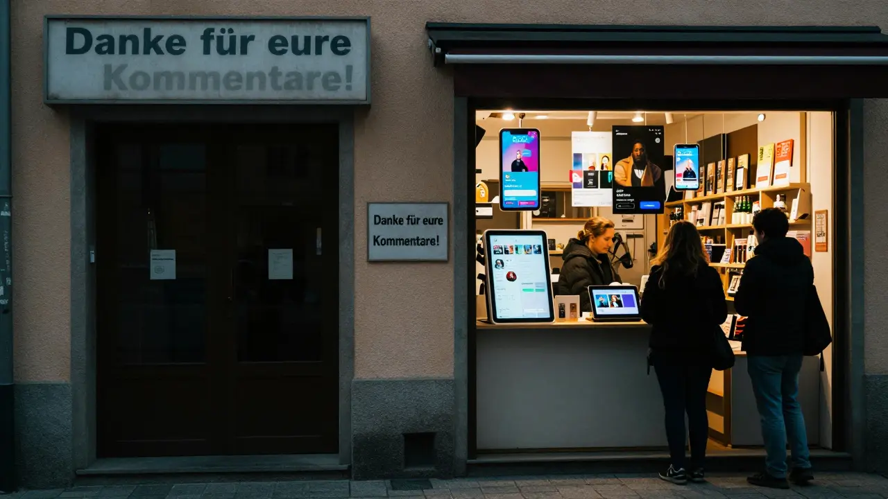 Ein leerer Laden gegenüber einem vollen Laden mit Social-Media-Präsenz.