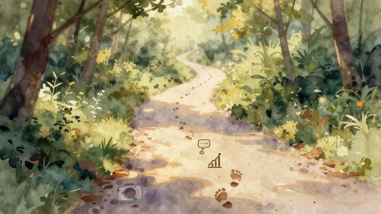 Ein Pfad durch einen Wald mit Symbolen für Kommunikation, Wachstum und Verbindung, symbolisch und malerisch dargestellt.