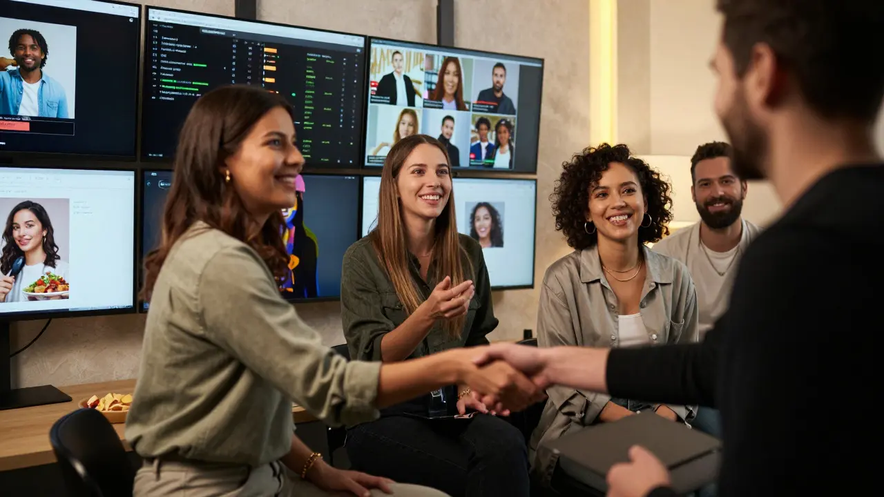 Ein Talentagent shakehändet mit drei österreichischen Influencern in einem Studio, während Kampagnen auf Monitoren laufen.