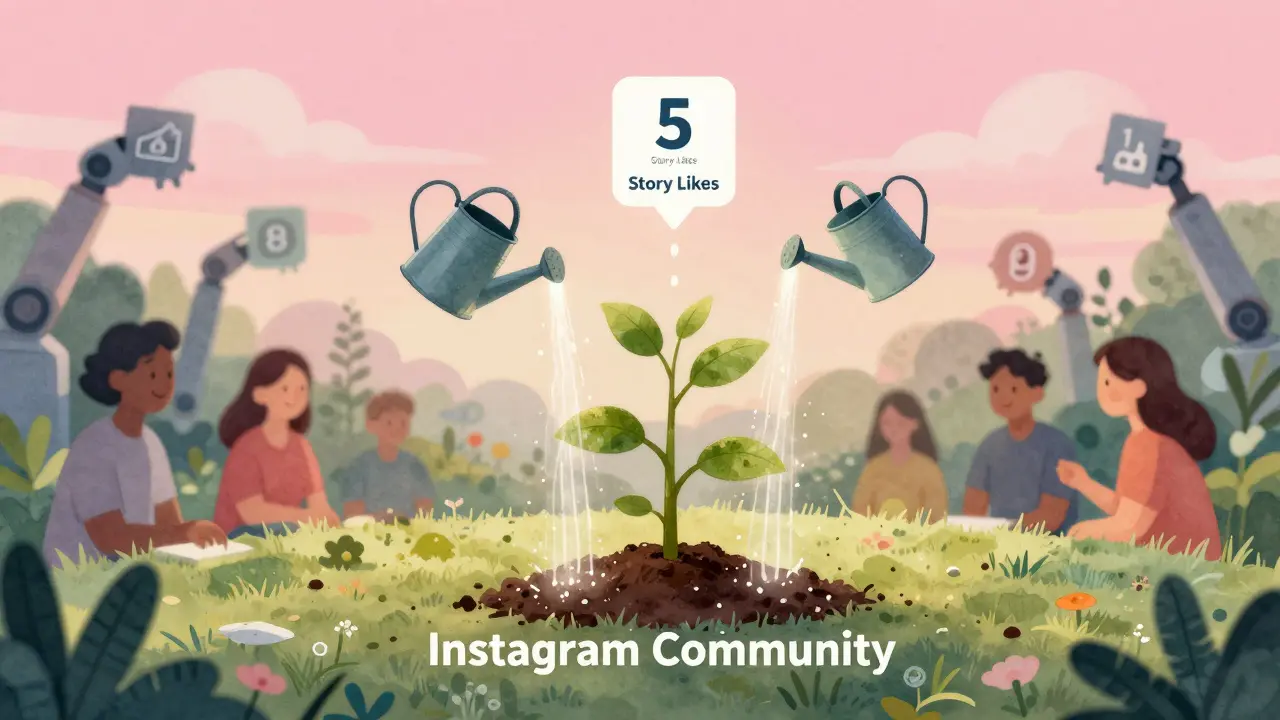 Ein wachsender Garten symbolisiert die 531-Regel: drei Wasserkanne mit Kommentaren, Story-Likes und persönlichen Antworten gießen eine Pflanze namens 'Community'.