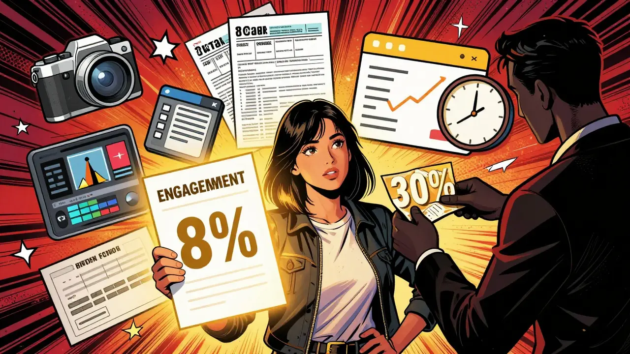 Eine Influencerin in Graz, umgeben von verborgenen Kosten und Einkommensquellen.