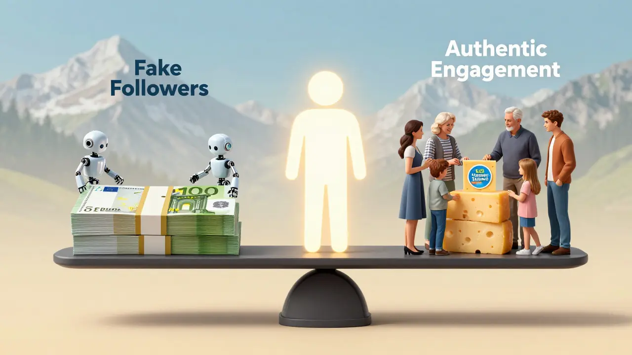 Eine Waage vergleicht gefälschte Follower mit echter Community-Interaktion, symbolisiert durch österreichische Menschen und eine Bio-Käsemarke.