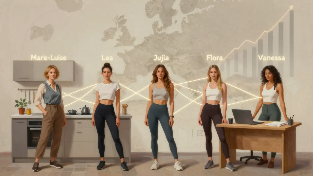 Five Austrian influencer women connected by glowing threads, each in their niche, symbolizing trust and real impact over follower counts.