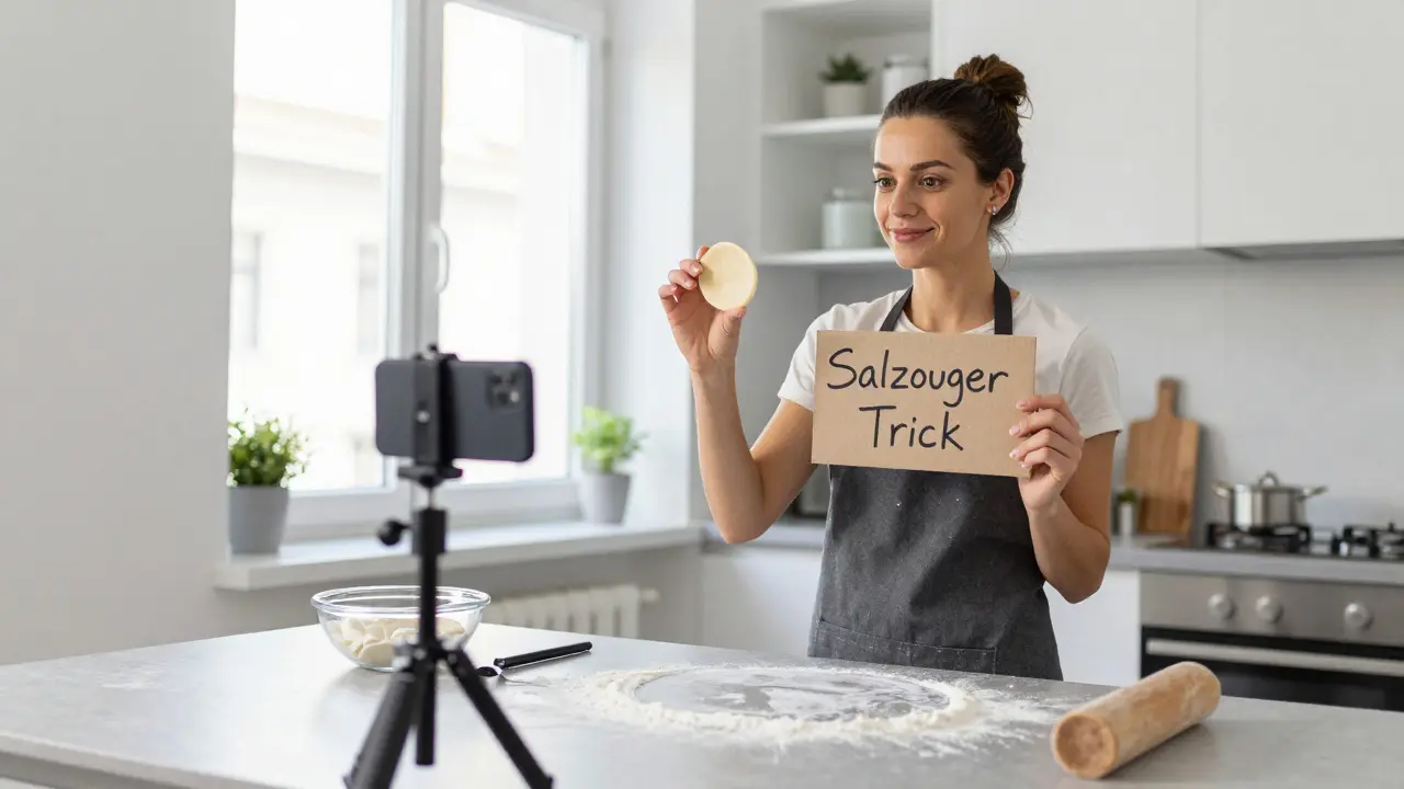 Frau in einer Küche in Wien zeigt einen Back-Tipp mit handschriftlichem Schild, natürliches Tageslicht.