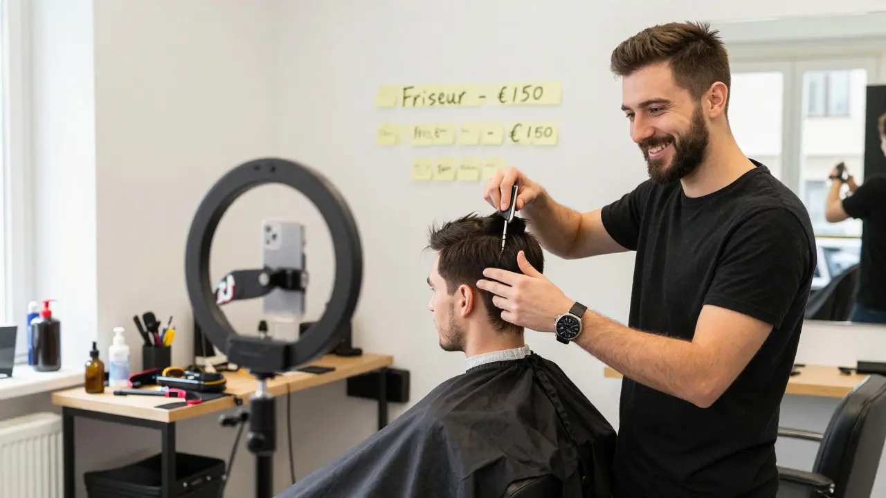 Freelancer filmt ein TikTok-Video für einen Friseur in Salzburg, ohne teure Ausrüstung, nur mit Handy und natürlichem Licht.