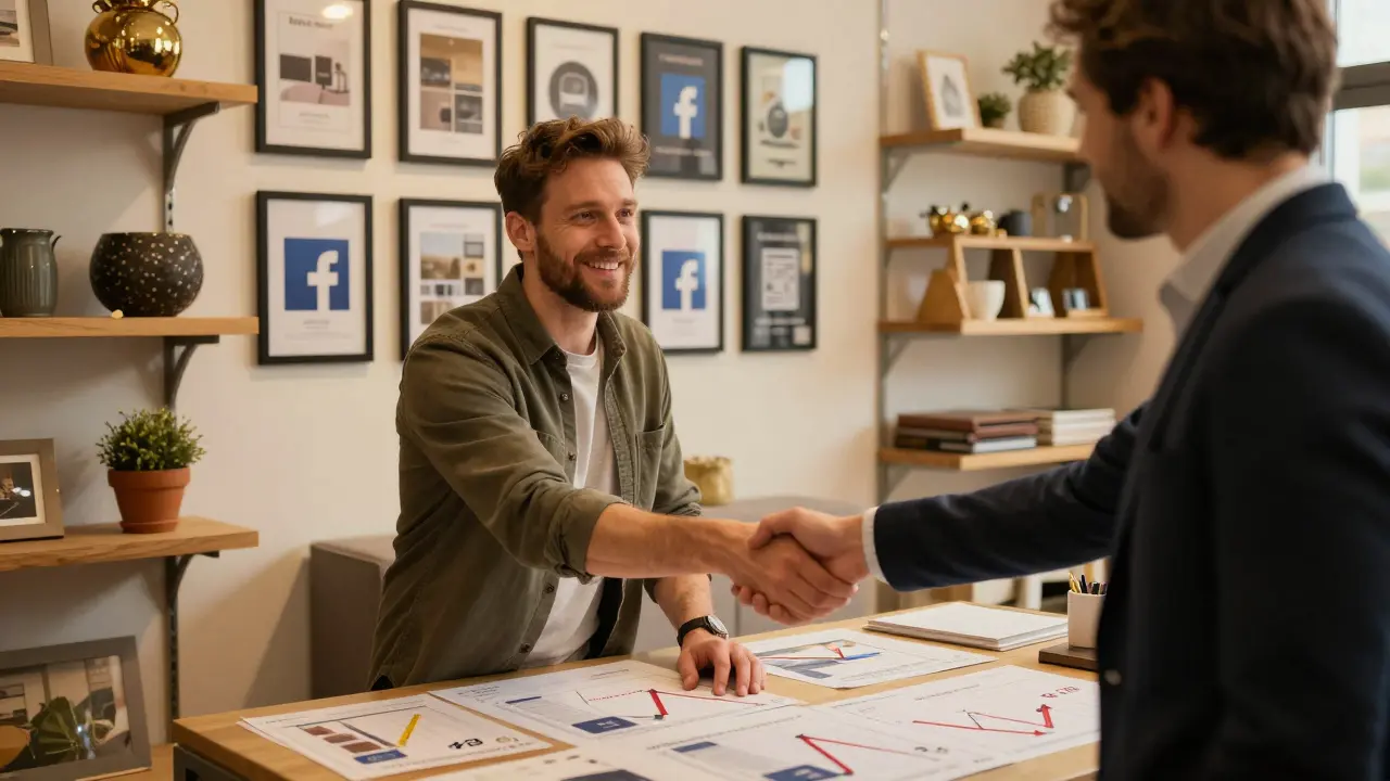 Furniture shop owner in Graz shaking hands with an agent after successful ad campaign results.