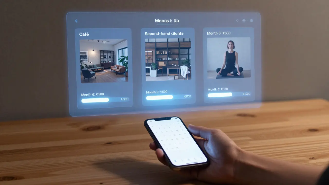 Holografische Übersicht dreier kleiner Kunden mit monatlichen Einkünften aus Social-Media-Marketing in Wien.