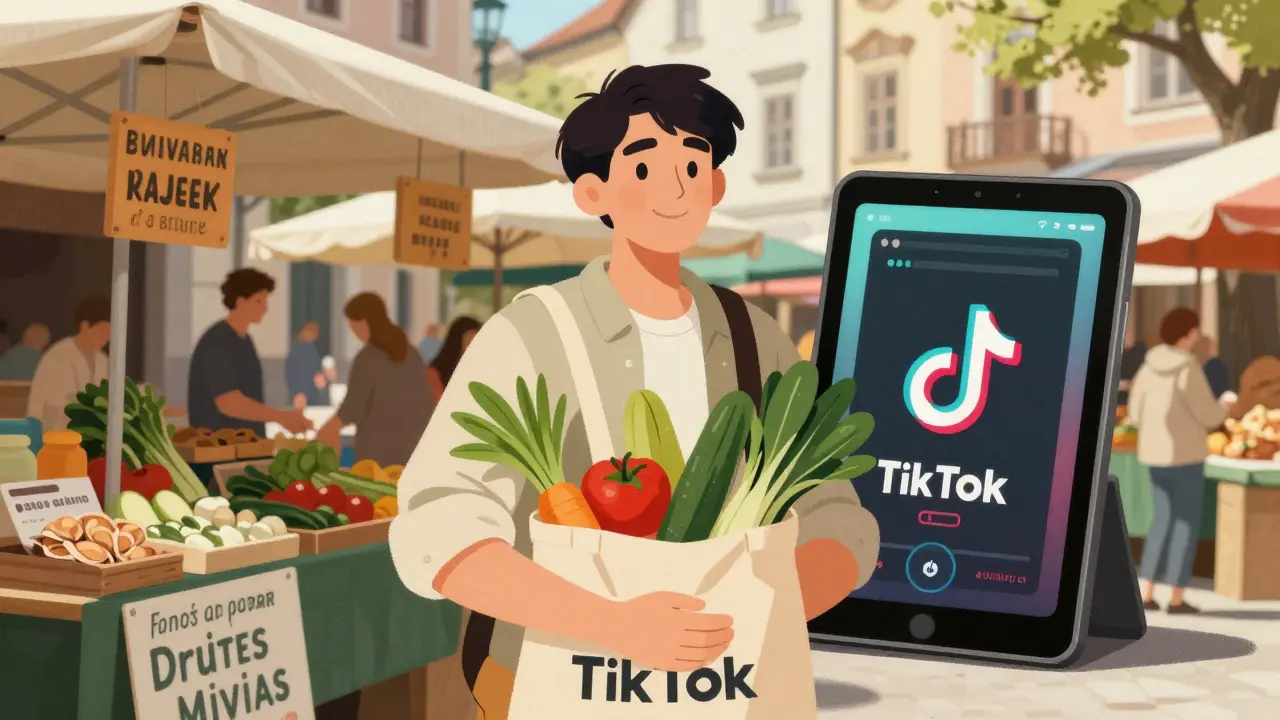 Influencer mit Einkaufstasche vor einem österreichischen Markt mit lokalen Produkten.