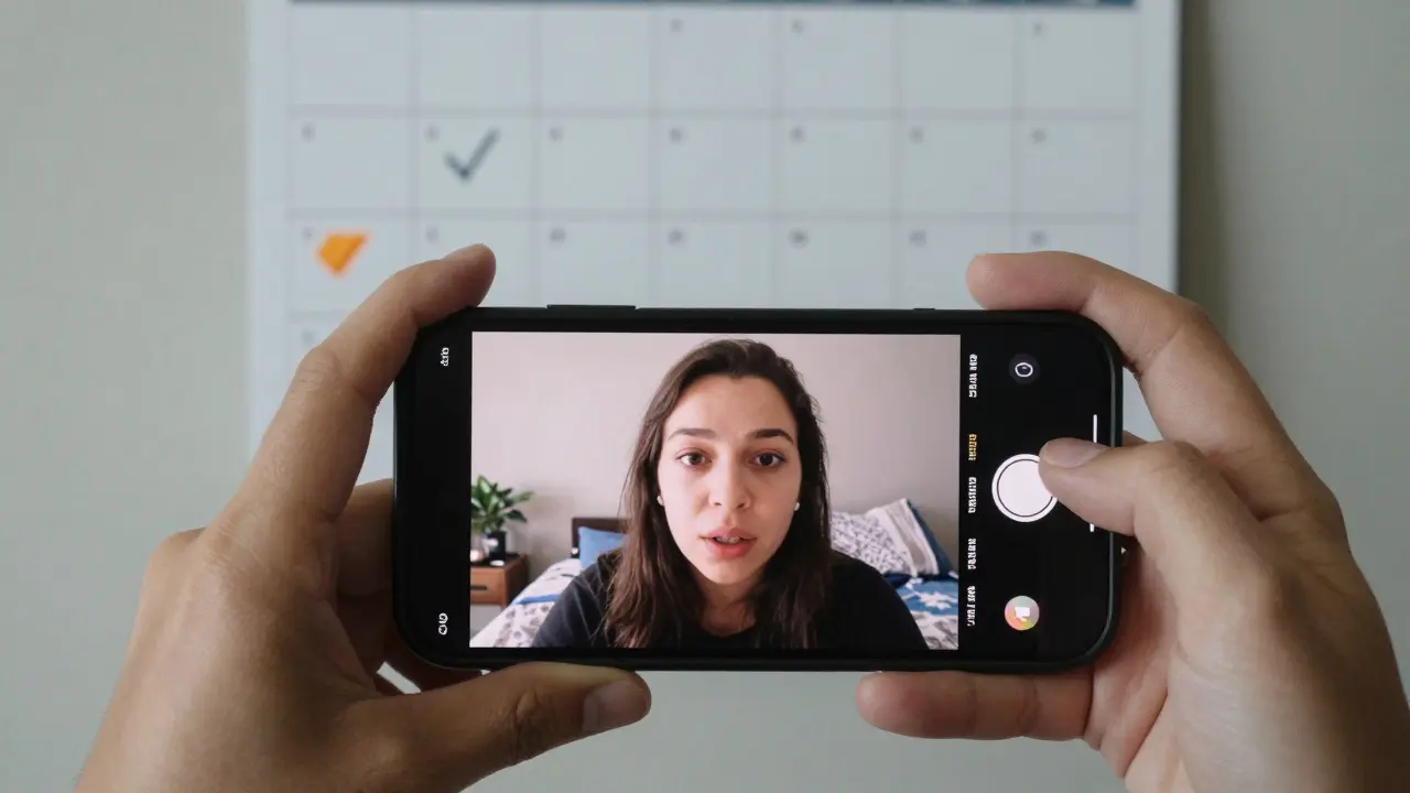 Jemand filmt ein authentisches Video auf dem Handy, während ein Kalender mit gekennzeichneten Tagen im Hintergrund zu sehen ist.
