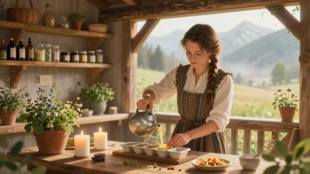 Julia Wimmer stellt in Anif handgemachte Kerzen aus lokalen Kräutern her, umgeben von Bio-Produkten.
