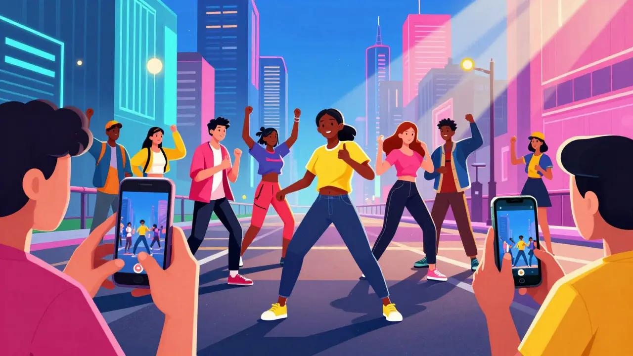 Junge Menschen erstellen TikTok-Inhalte in urbaner Umgebung