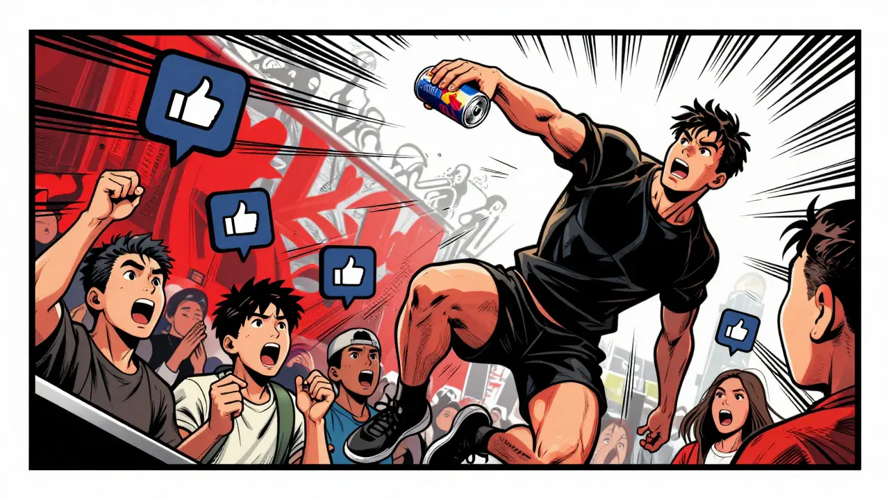 Junge Person zeigt Trick mit Red Bull Dose, andere jubeln