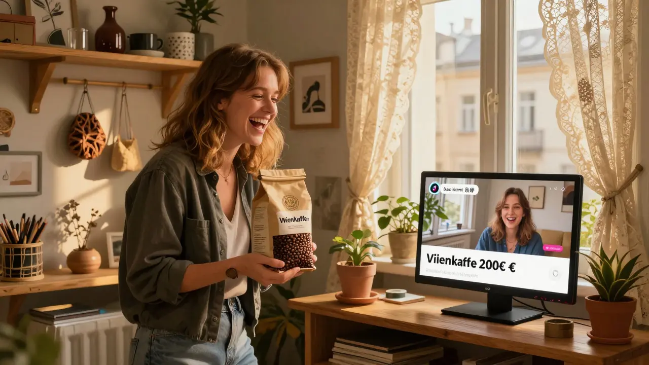 Lea Krenn in her Viennese apartment, laughing while holding her coffee brand, surrounded by everyday life details.