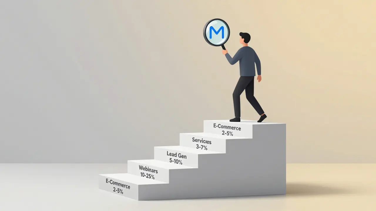 Minimalist staircase illustrating industry-specific conversion rates with a person climbing toward higher rates.