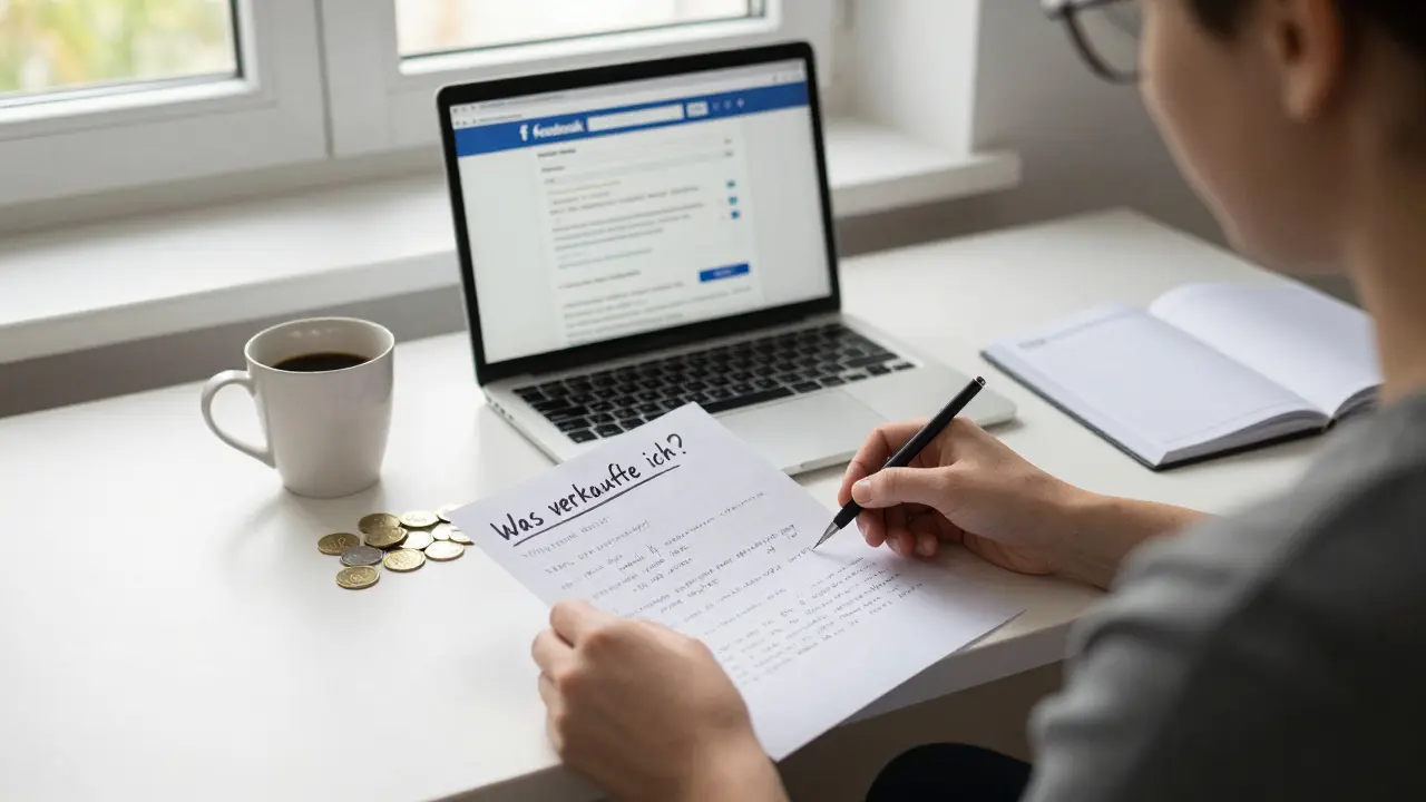 Person in Heimoffice mit gedruckten Analytics und 10 Euro Budget neben einem Laptop, der eine Facebook-Anzeige zeigt.