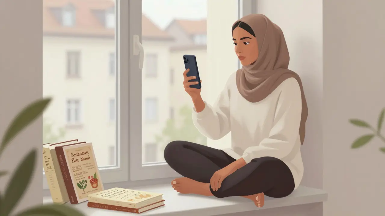 Samira Ahmed filmt ein TikTok-Video über ihr Leben als Muslimin in Österreich, ruhig und authentisch.